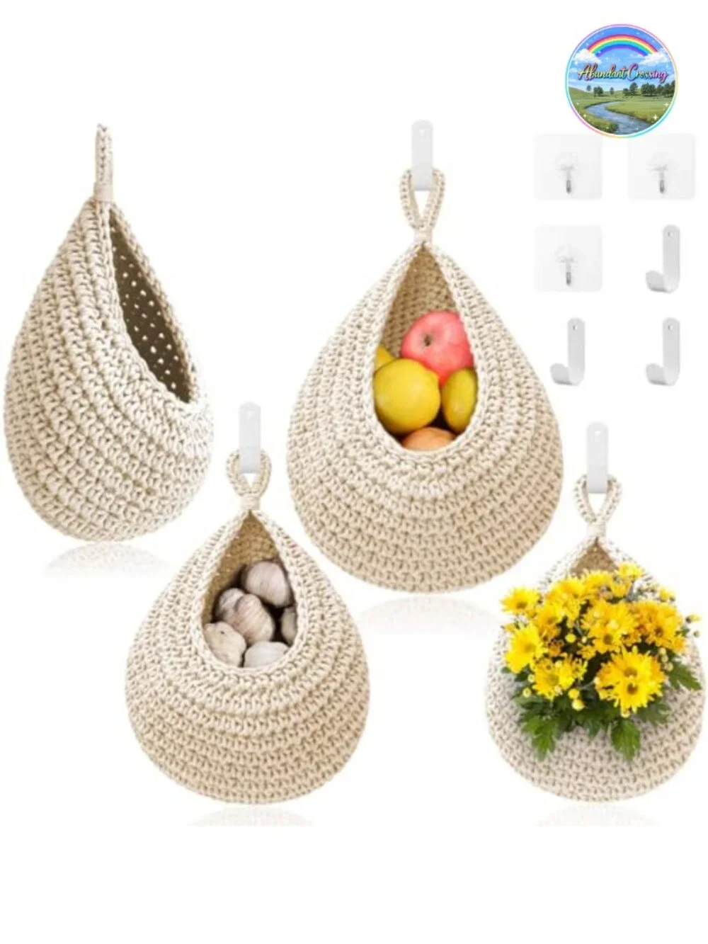 Handwoven Boho Hanging Fruit Basket Set of 3 with Hooks for Kitchen Storage